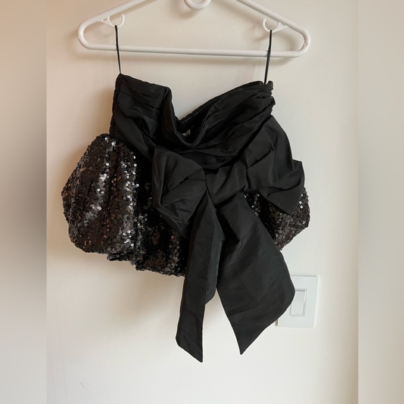 LoveShackFancy Jardena bow-embellished ruched taffeta and sequined crepe top - Picture 2 of 5